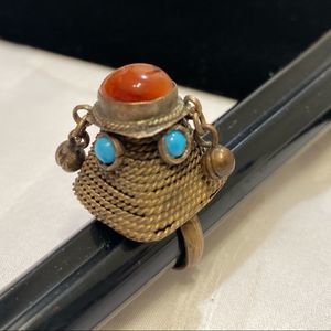 Antique Amber And Turquoise Brass Dome Ring